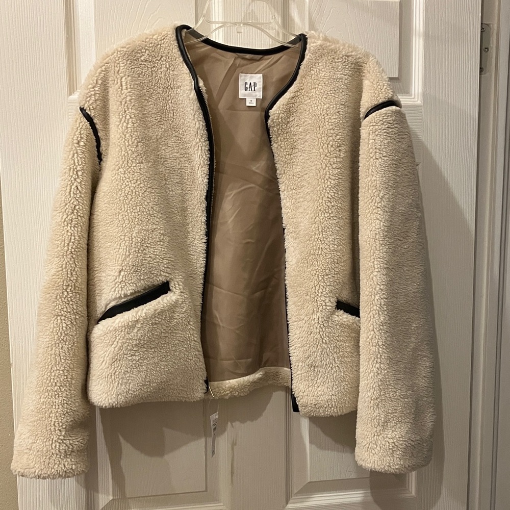 GAP Cream Teddy Sherpa Jacket with Contrast Trim
